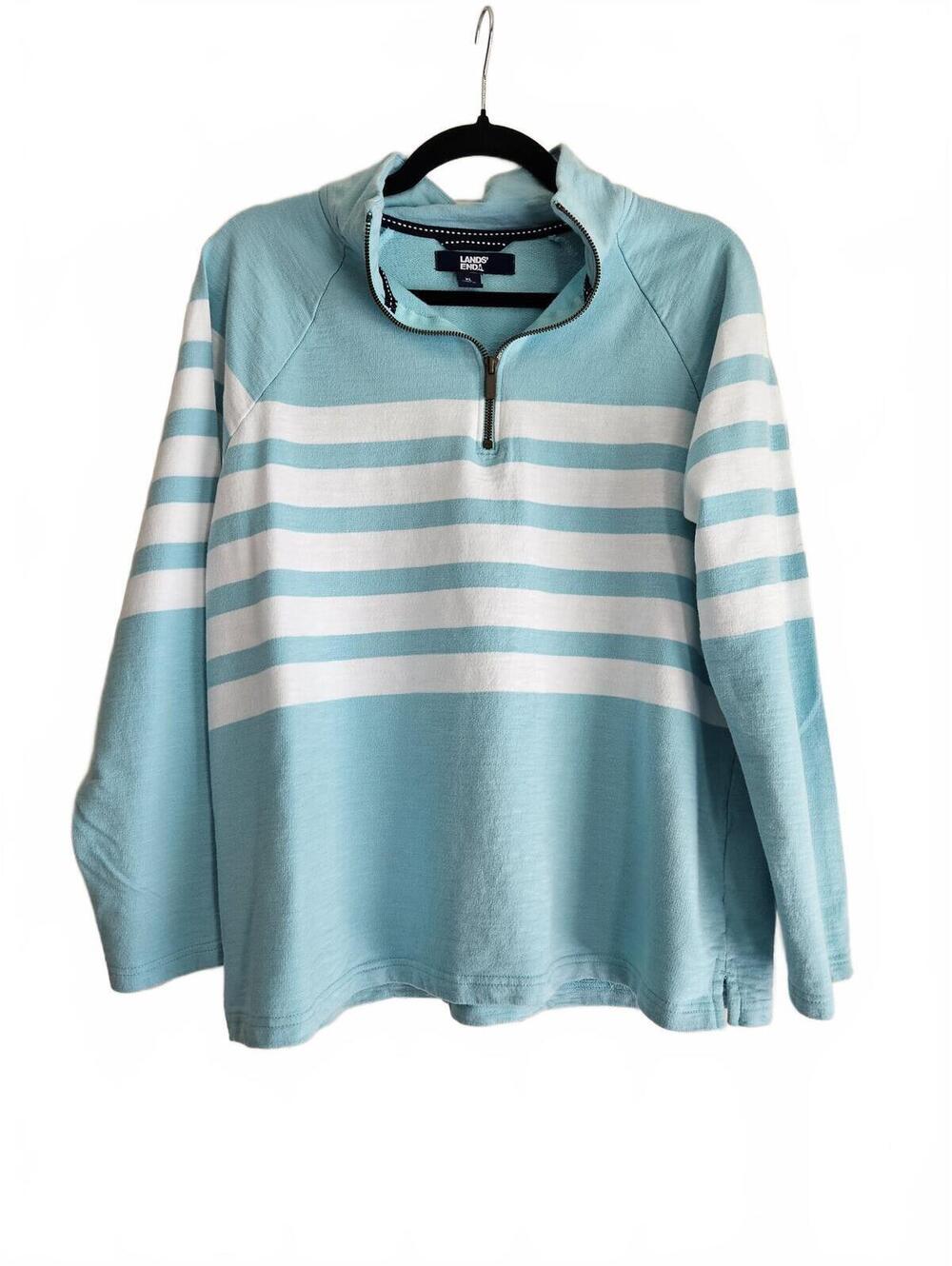 Lands' End Women's XL Light Blue and White Striped Quarter-Zip Pullover